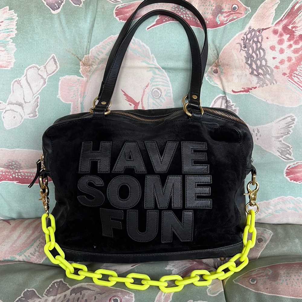 “Have Some Fun Today” Elsie Bag black suede w/neon yellow Jules statement